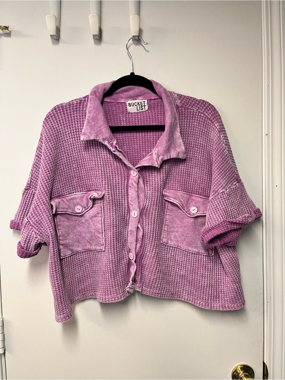 Bucket List Purple Mineral Wash Waffle Knit Oversized Button Up Shirt